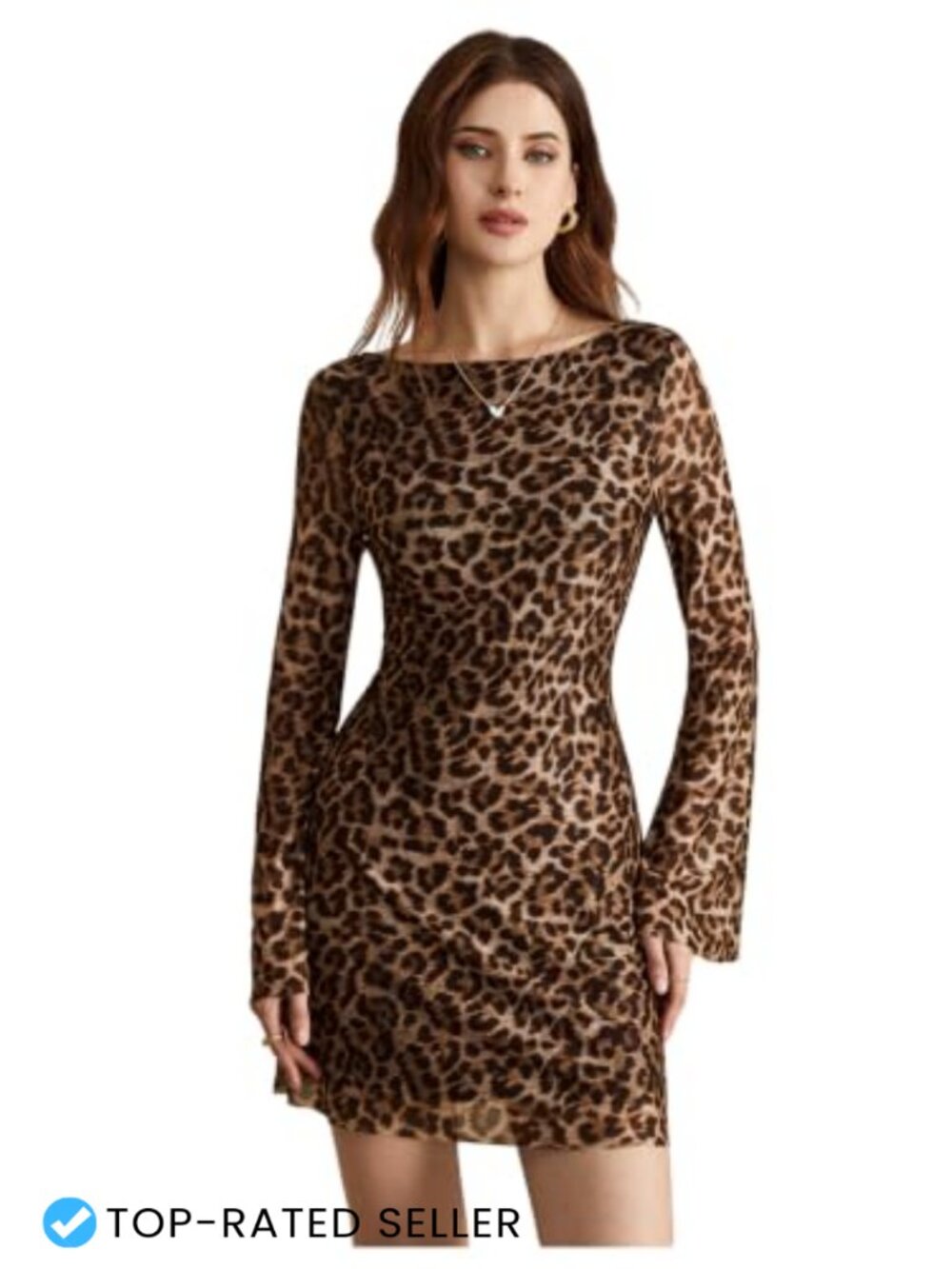 Mesh Sheer Leopard Print Mini Dress Long Sleeve Backless